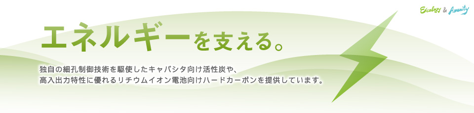 エネルギーを支える。エネルギー回生システムに適した蓄電池であるキャパシタ用に、独自の細孔制御技術を駆使した活性炭を提供しています。